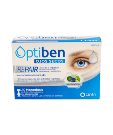 OPTIBEN OJOS SECOS REPAIR 20 MONODOSIS – foto del producto ácido optiben ojos