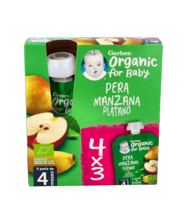 GERBER POUCH ORGANI PERA MANZ PLAT 4x90G – foto del producto cada gerber pouch