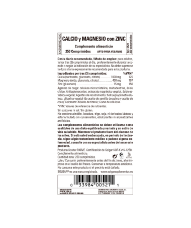 CALCIO MAGNESIO PLUS ZINC 250COMP – foto del producto magnesio gluconato vegetal