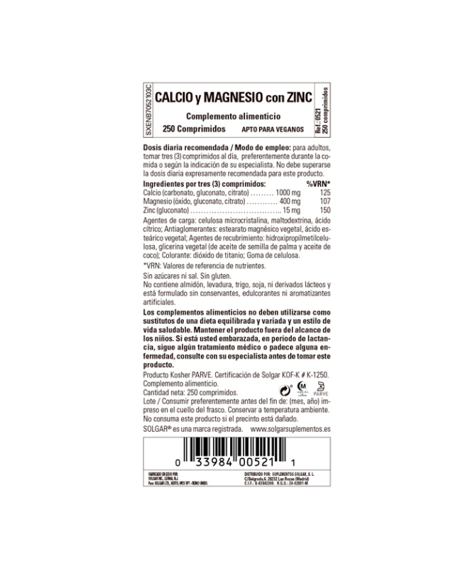 CALCIO MAGNESIO PLUS ZINC 250COMP – foto del producto magnesio gluconato vegetal CALCIO MAGNESIO PLUS ZINC 250COMP – foto del producto magnesio gluconato vegetal