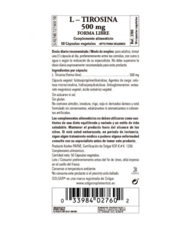 L TIROSINA 500MG 50CAP – foto del producto vegetal tirosina cápsula
