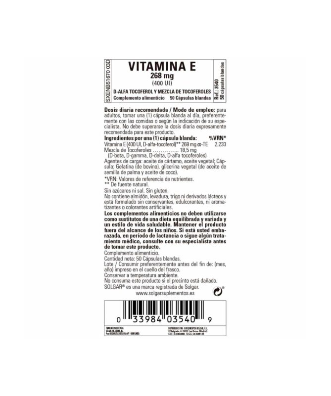 VITAMINA E 400IU 268MG 50CAP BLANDA VEG – foto del producto vitamina blanda cápsula VITAMINA E 400IU 268MG 50CAP BLANDA VEG – foto del producto vitamina blanda cápsula