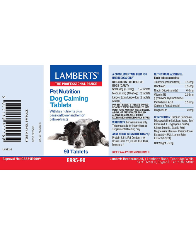 LAMBERTS DOG CALMING TABLETS 90 TABS 8995 90 VET – foto del producto ácido magnesio extracto
