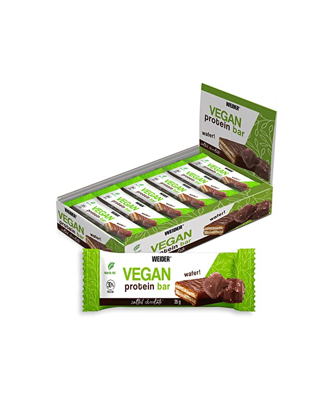 VEGAN PROTEIN WAFER BAR SALTED CHOCOLATE 12UD – foto del producto cacao aroma proteína