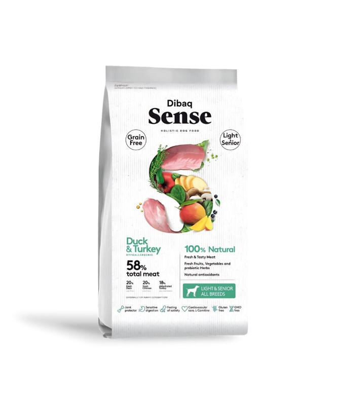 DIBAQ SENSE PATO Y PAVO PERRO SENIOR LIGHT 12KG SG – foto del producto sulfato pollo naturales